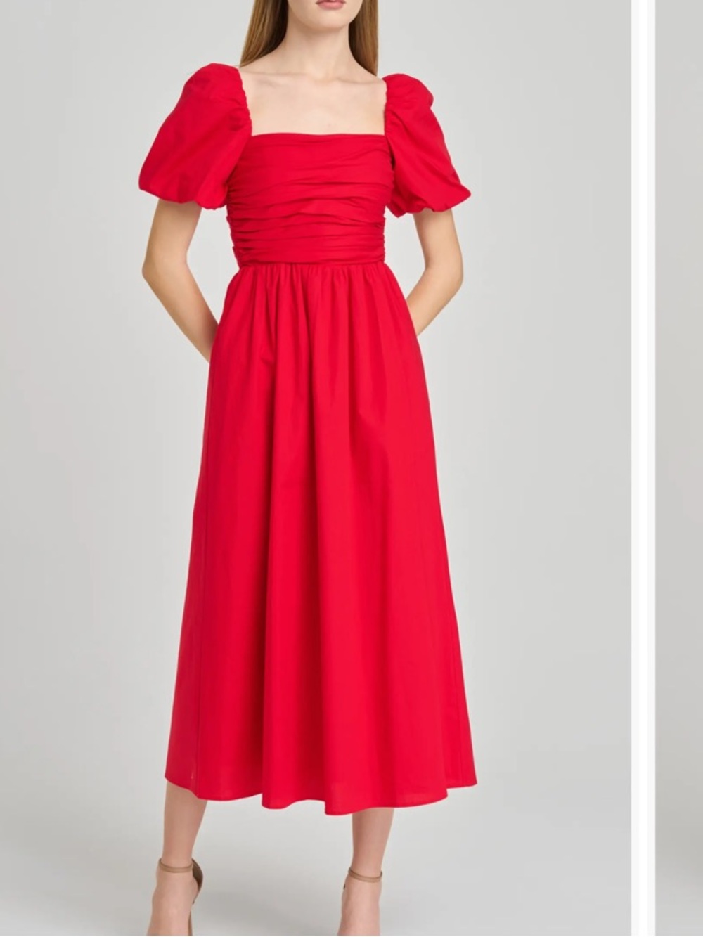 Wayf Lucy Ruched Puff Sleeve Midi Dress in Red - Picture 2 of 2